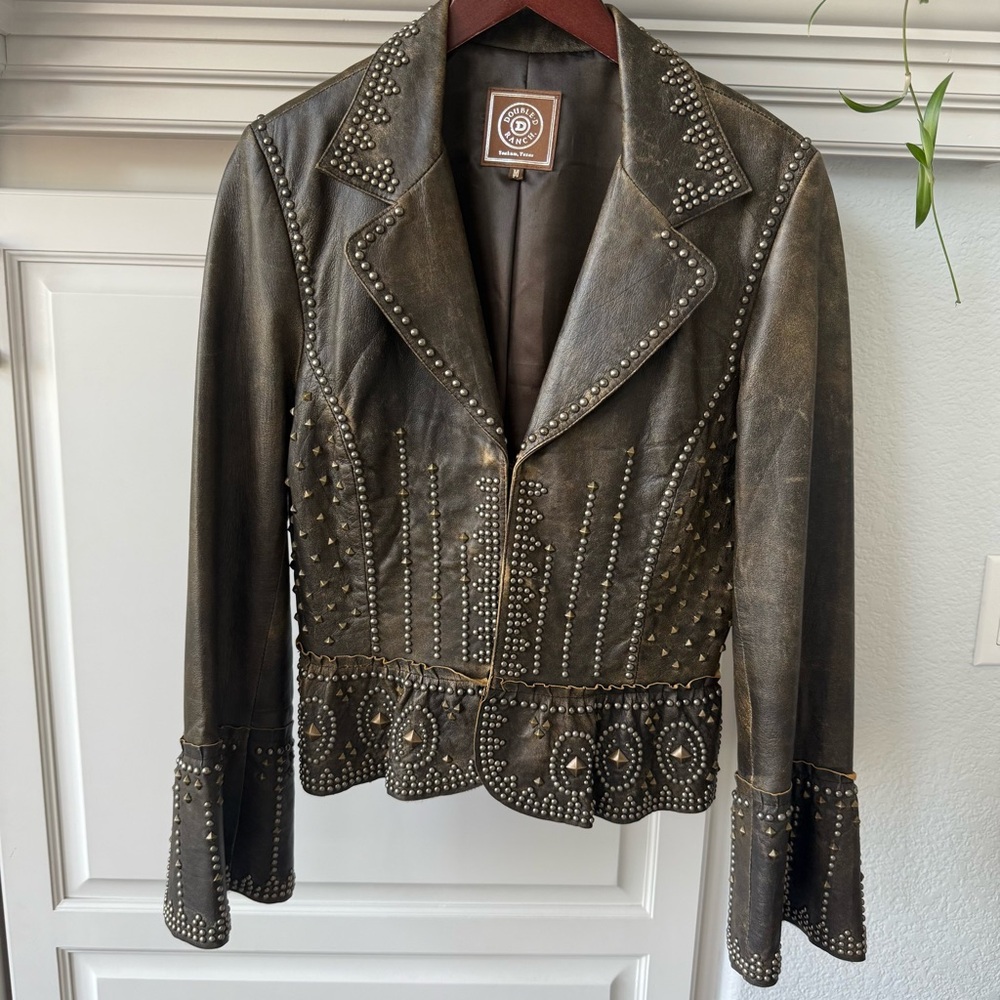 Double D Ranch Brown Leather Moto Jacket with Studded Pattern